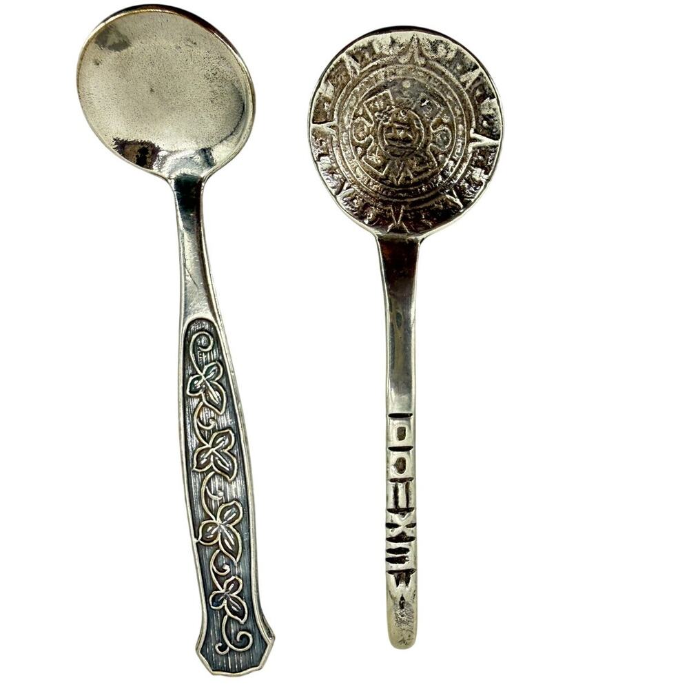 MEKA Denmark Mexico Aztec Calendar Mid Century Miniature Souvenir Spoons Lot 2